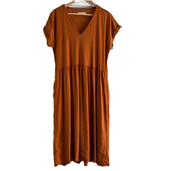 Lou & Grey Boho Dress Sz Medium Babydoll Linen Blend Short Sleeve Brown Pumpkin - Picture 1 of 7